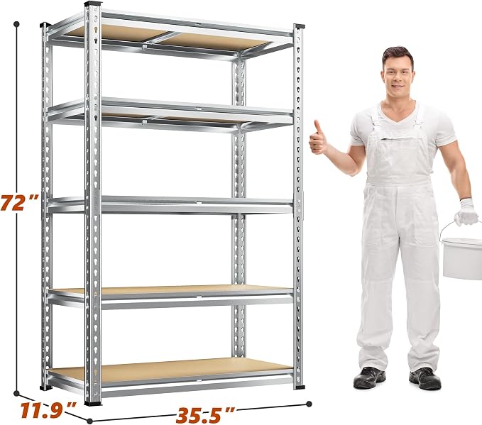 REIBII Garage Shelving, 5 Tier Storage Shelves Load 2400LBS, Adjustable Garage Shelves Heavy Duty, Metal Shelving Unit with Waterproof Columns for Warehouse, 35.5" W x 11.9" D x 72" H, Galvanized - Image 2