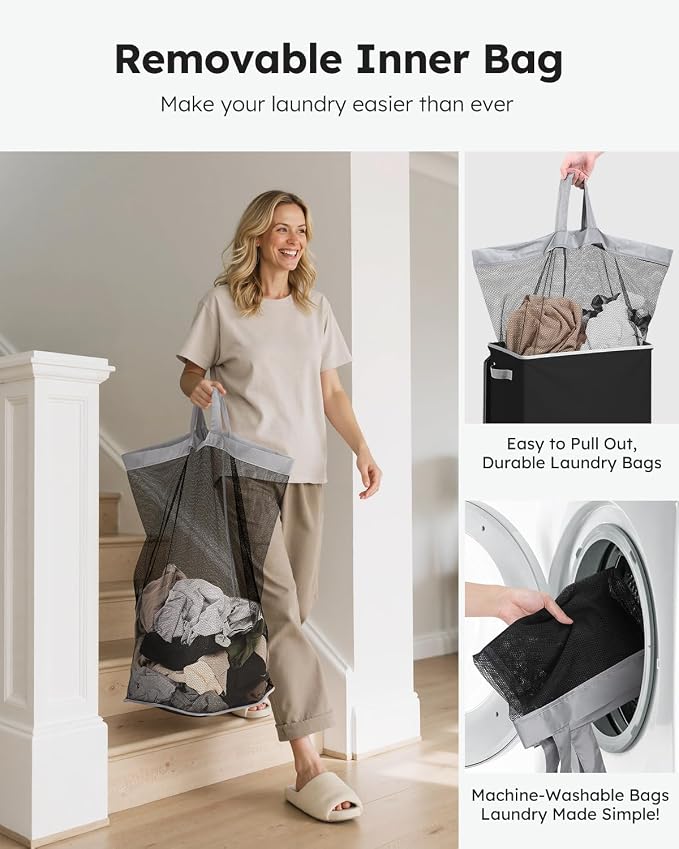 SOLEDI Slim Laundry Hamper with Lid, Narrow Laundry Basket with Removable Bags, Dirty Clothes Hamper with handle, Small Hamper perfect for Laundry room, Bathroom, Bedroom, Small spaces. 70L Black - Image 3