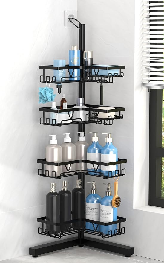 KEGII Floor Shower Caddy Standing – 4-Tier Corner Shower Organizer with Hooks & Soap Holder, Free-Standing Bathroom Storage Rack for Shampoo & Toiletries, Black by KEGII
