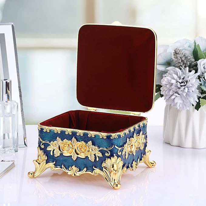 Hipiwe Metal Jewelry Box Decorative Trinket Chest Rectangular Treasure Display Case Keepsake Organizer for Earrings Ring Holder, Blue, 5.1" L x 5.1" W x 3.1" H - Image 4