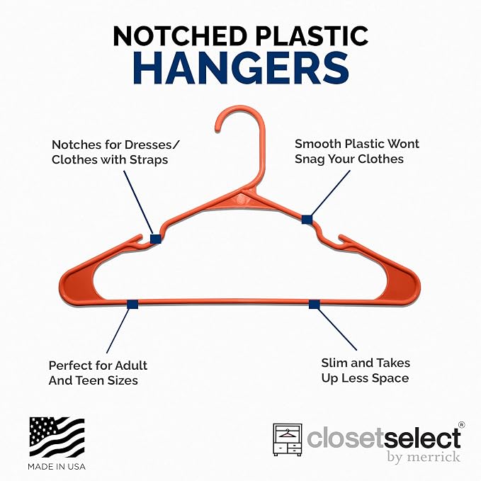 Closetselect Plastic Hangers 50 Pack - Space Saving Clothes Hangers, Made in USA, Durable & Strong Plastic Shirt & Coat Hanger with Notches & Shoulder Grooves, Non-Slip Hangers | Bright Orange - Image 4