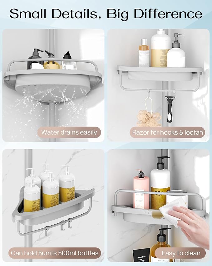 ALLZONE Corner Shower Caddy Tension Pole, Extendable Rustproof Stainless Steel Pole & 4-Tier Adjustable Shelves for Easy Drainage and Built-to-Last Stability, 34 to 116 Inches, Grey - Image 6