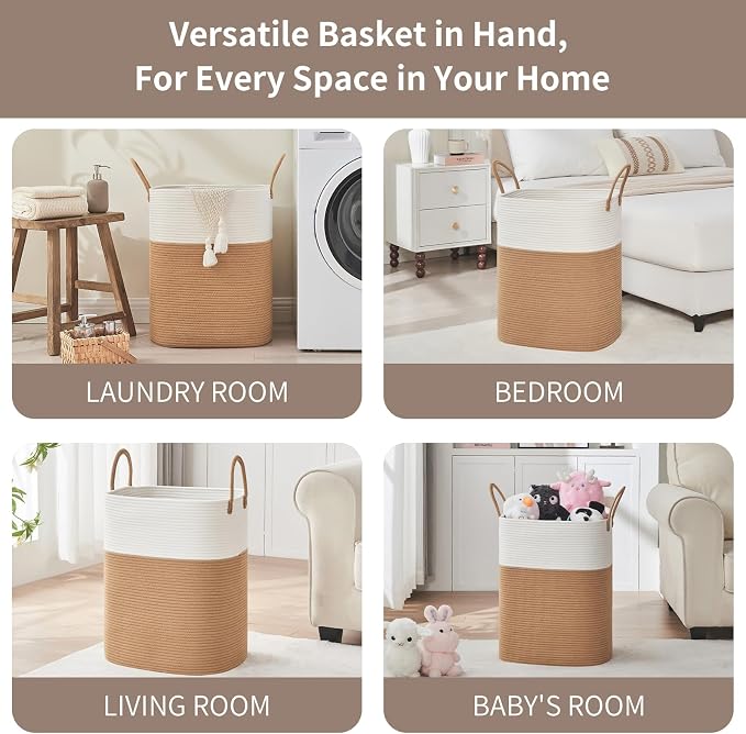 AINUOQI Laundry Basket with Handles - Blanket Basket & Hampers for Bedroom Aesthetic, Laundry Hamper & Blanket Storage for Living Room, Clothes Hamper, Tall, Large 17" x 14" x 22”, White & Jute - Image 4