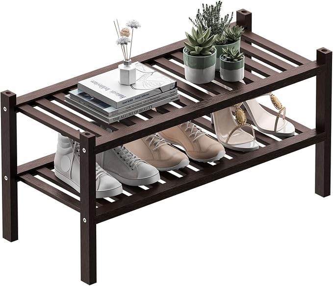 ROMGUAR CRAFT 2 Tier (Thick) Bamboo Shoe Rack for Closet Free Standing Wood Shoe Shelf for Entryway Small Space Stackable 27"x12"x14" (Black Brown) by ROMGUAR+CRAFT