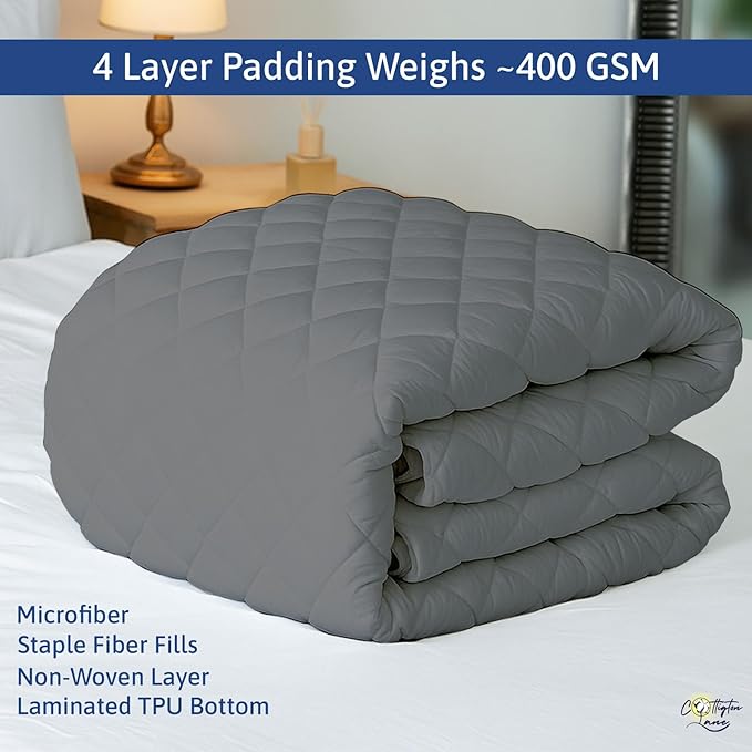 Cottington Lane 400 GSM Full Size Waterproof Quilted Mattress Pad Protector, Soft Microfiber Mattress Topper Cover with TPU Backing, Deep Pocket Fits up to 21 Inch Mattresses, Dark Grey