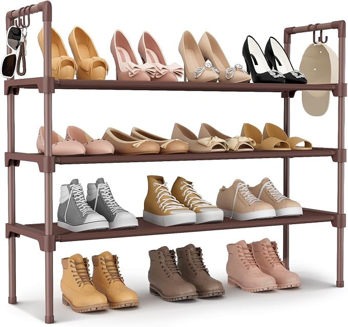 LANTEFUL 3 Tier Shoe Rack for Closet Shoe Organizer with 5 Hooks, Long Shoe Shelf Storage for Shoe and Boot Stackable Free Standing Shoe Rack for Entryway, Garage, Small Spaces, Dorm, Brown by LANTEFULforTidyingHouse