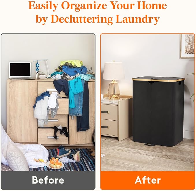 Lifewit 150L Double Laundry Hamper with Lid, Large Laundry Basket with Removable Bag & Bamboo Handles, Fodable Tall Dirty Clothes Hamper for Laundry Collapsible Bin for Bathroom Bedroom Dorm, Black - Image 7