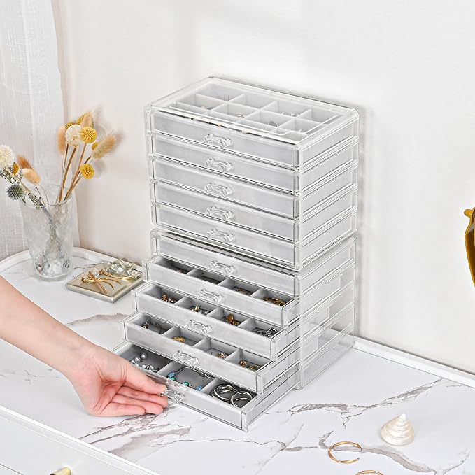 ProCase Earring Holder Organizer Jewelry Box with 10 Drawers, Acrylic Clear Earring Case with Adjustable Velvet Trays for Women - Grey, 10 Layers - Image 3