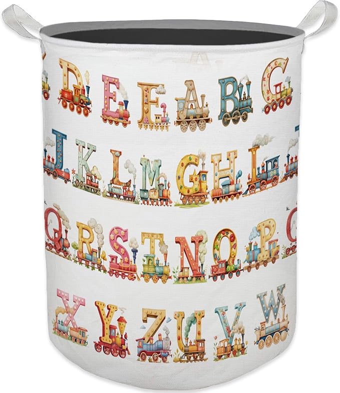Kids Nursery Laundry Basket, Toybox for Girls Boys, Alphabets Trains Transportation Laundry Basket Hamper Waterproof Collapsible Storage Bin Organizer for Bedroom Bathroom Kids Room Clothes Toys by Unknown