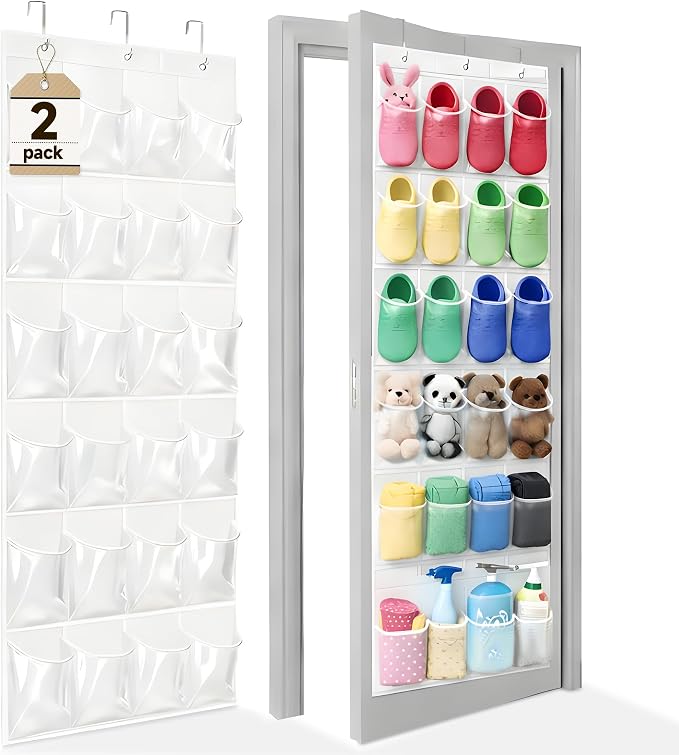 Over the Door Shoe Organizer - 2 Pack Shoe Rack for Door with 24 Pockets and Hooks, Shoe Holder Back of Door Organizers for Shoes, Hanging Shoe Organizer for Space Saving, White by Bofoho
