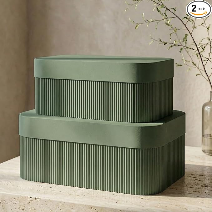 Decorative Storage Boxes with Lids – Set of 2 Beautiful Fluted Cardboard Organizer Bins for Your Home Bookshelf Decor to Safely Store Your Documents, Memory Box Items and Other Keepsakes in Style by ZICOTO