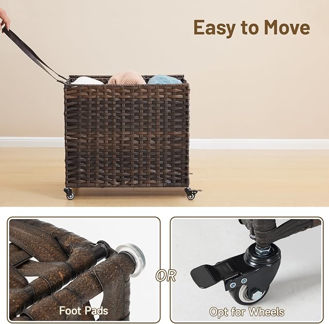 Laundry Hamper with Wheels, 34.3 Gallon(130L) Rolling Laundry Basket with Lid, 3-Section Rattan Clothes Hamper with 3 Removable Liner & 3 Mesh Bags, Laundry Sorter with Side Pocket, Brown - Image 5