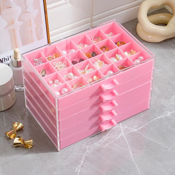 YUFONG Earring Storage Box Organizer, Acrylic Jewelry Storage Box Holder 5 Drawers Transparent Jewelry Display Stand with 120 Small Compartments Gift Boxes for Women Girls (Pink) - Image 5