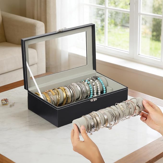 AUTOARK Bracelet & Watch Storage Box with Glass Lid & 2 Anti-Roll Rods,PU Leather Jewelry Case,Soft Lined Locking Organizer for Women,Gift for Dresser & Cabinet Display,Black,MKAW147 - Image 5