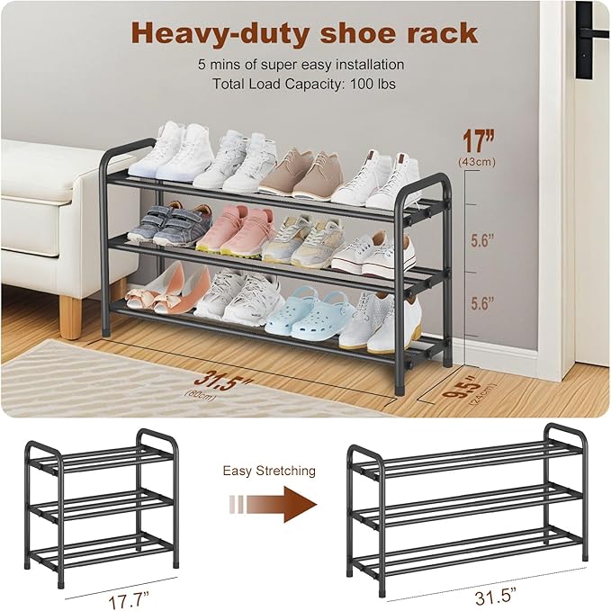 KANAV Expandable Shoe Rack Organizer – 3-Tier Shoe Shelf for Closet, Entryway & Front Door – Space-Saving Shoe Storage Solution - Image 3