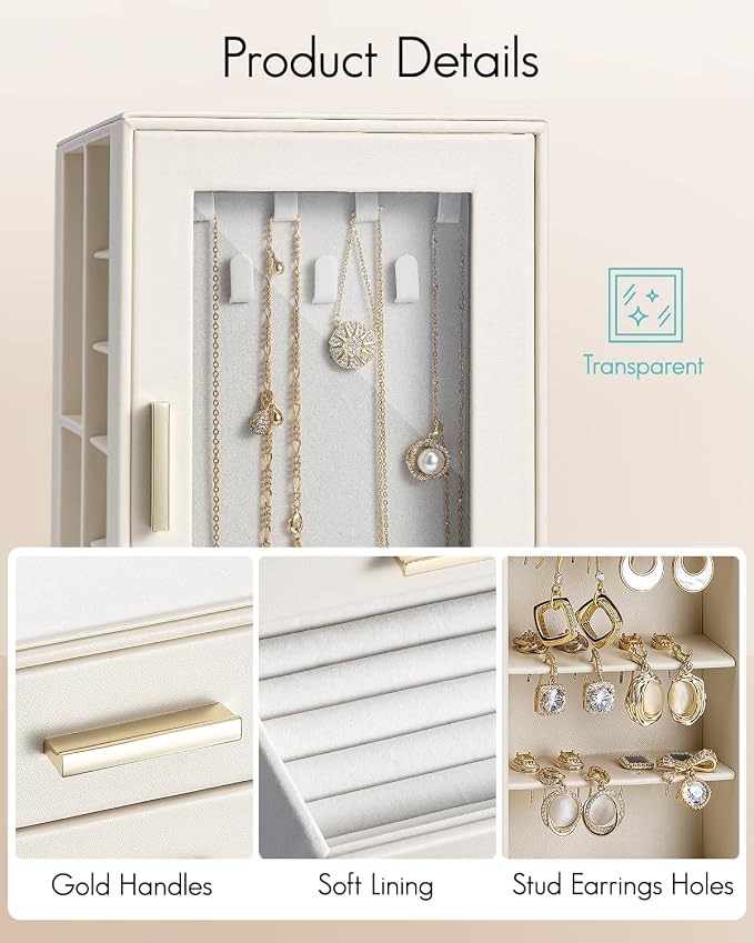 VLANDO 360ｰ Rotating Jewelry Box with 5 Drawers, Mothers Day Mom Gifts, Large Jewelry Storage with 2 Glass Window, PU Leather Jewelry Organizer for Bracelets, Necklaces, Earrings, Rings - Cloud White - Image 6