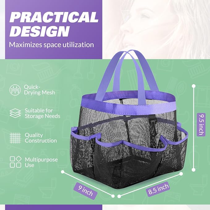 LOYEE Mesh Shower Caddy Portable for College Dorm Room Essentials with 8 Pockets, Shower Bag for Beach, Swimming, Gym, Travel, Bathroom(Purple) - Image 2