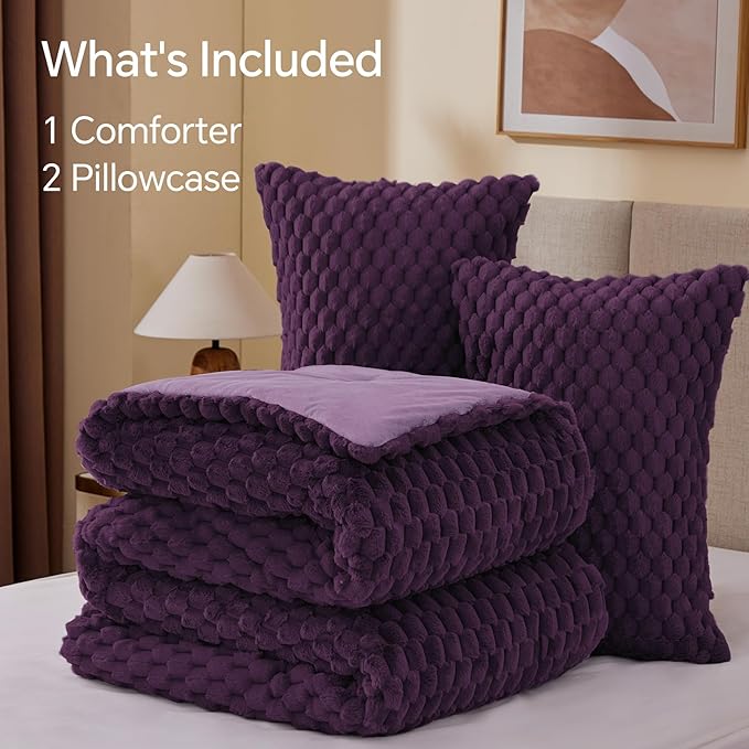BEDELITE Fluffy King Size Comforter Set - Purple Fleece Soft Comforter for King Size Bed, Luxury Warm Bedding Set for Winter, Fuzzy Bed Set 3 Pieces (1 Comforter, 2 Pillowcases)