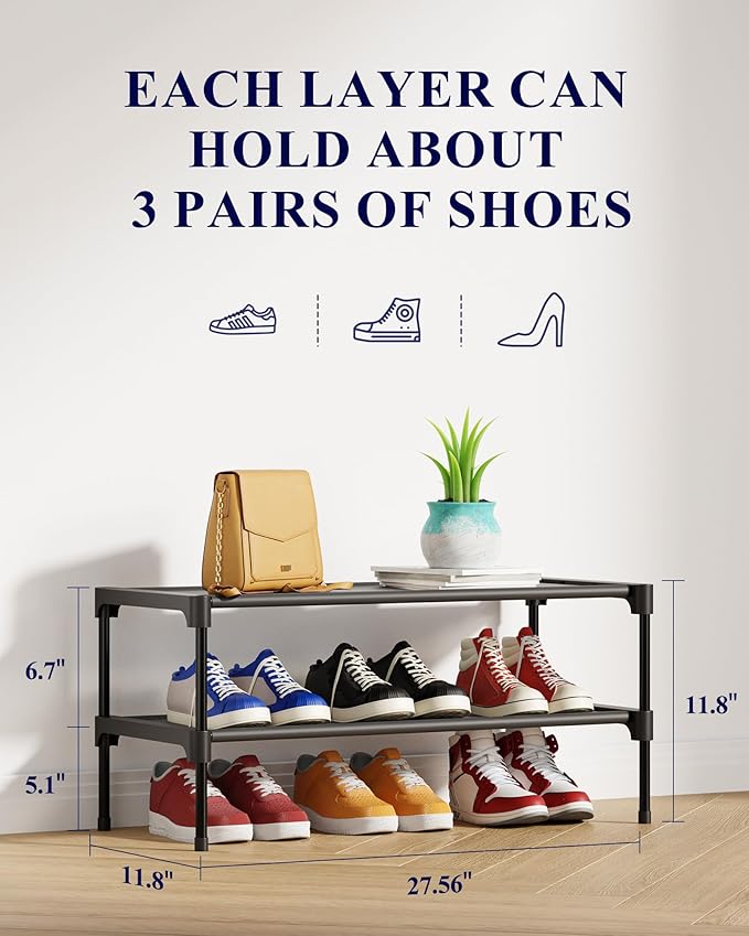 Kitsure Shoe Rack - Non-Woven Shoe Rack Shelf, Shoe Organizer for Closet, Entryway, Garage & Corridor, Stackable Shoe Shelves, 27.5" Wide - 2 Tier, Black - Image 2