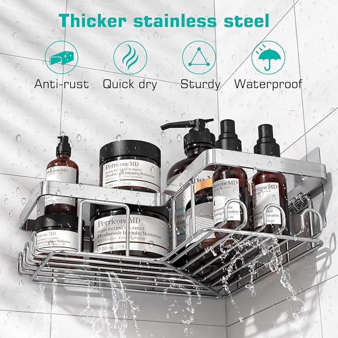 YASONIC Corner Adhesive Shower Caddy, with Soap Holder and 12 Hooks, Rustproof Stainless Steel Bathroom Organizer, No Drilling Wall Mounted Rack, Brushed Silver, 3-Pack - Image 3