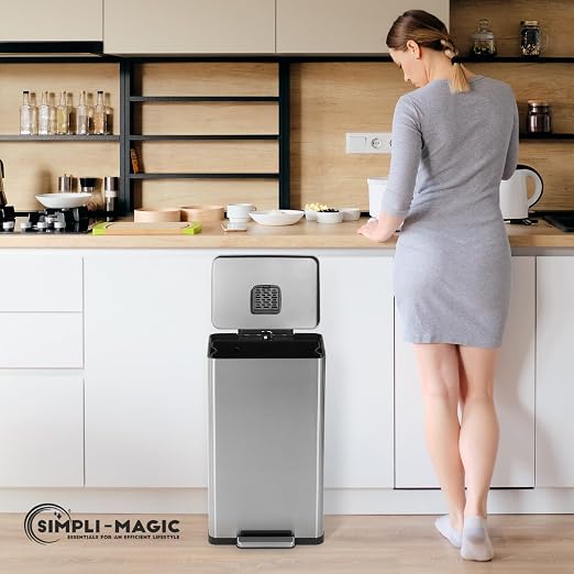 SIMPLI-MAGIC 50 Liter / 13.2 Gallon Soft-Close, Smudge Resistant Trash Can with Foot Pedal and Built in Filter- Stainless Steel, Sleek Finish - Image 8
