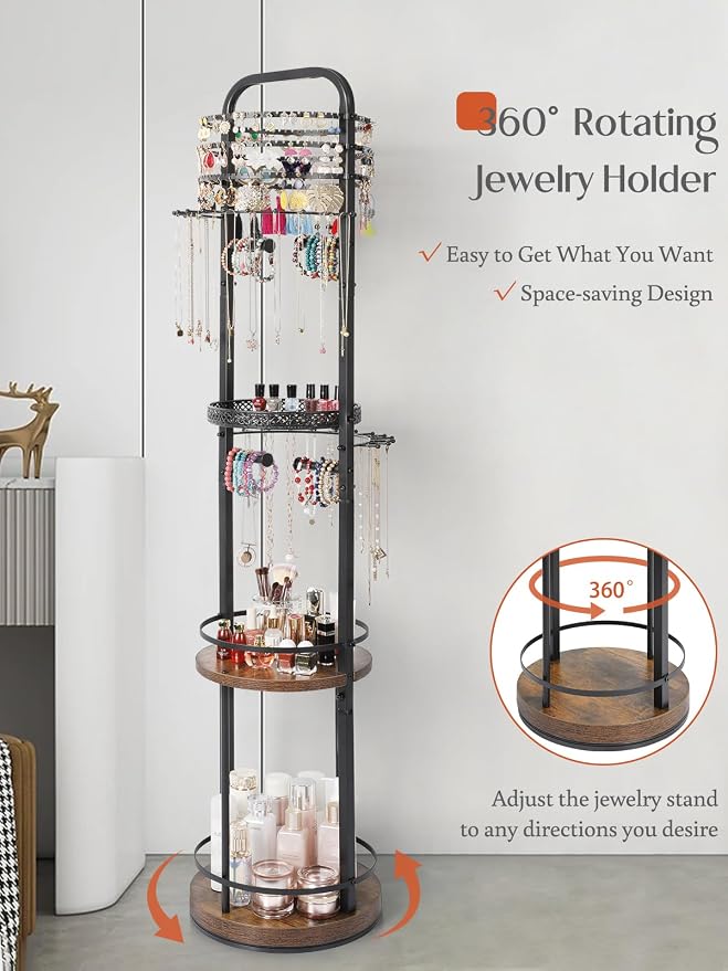 Jewelry Holder Organizer, Floor Jewelry Organizer with Earring Organizer Necklace Holder, Rotating Jewelry Stand Necklace Display Earring Storage, Large Hanging Jewelry Tree for Jewlery Bracelet Ring - Image 2