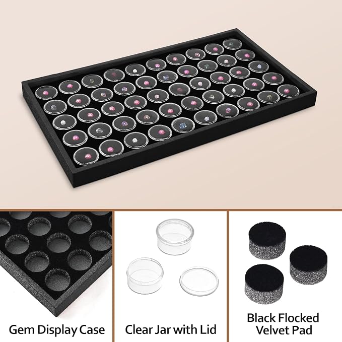 Ikee Design Black Foam Gem Jars Showcase Stackable Display Tray for Collectibles, Home Organization Storage Box with 50 Gemstones and Bead Storage Jars - Image 4
