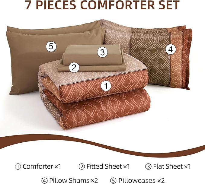 Dinjoy Red Brown King Size Comforter Set,Striped Boho Bed in a Bag King 7 Pieces Soft Fall Bedding Comforters Sets Microfiber Complete Bed Sets for All Season