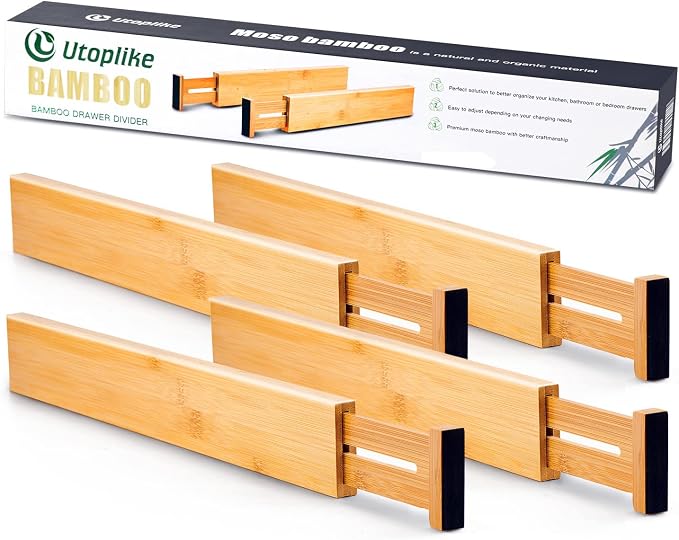 Utoplike 4 pcs Bamboo Kitchen Drawer Dividers Large, Adjustable Drawer Organizers, Spring Loaded, Expandable Organization Works in Kitchen, Dresser, Bathroom, Bedroom, Drawer, Desk - Image 5