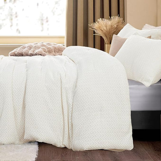 Flannel Fleece Queen Comforter Set - Furry White Leaves Pattern Faux Fur Bed Set, Winter Ultra Soft Fuzzy Comfort Set, Velvet Bedding Set for Bed with 2 Pillow Cases
