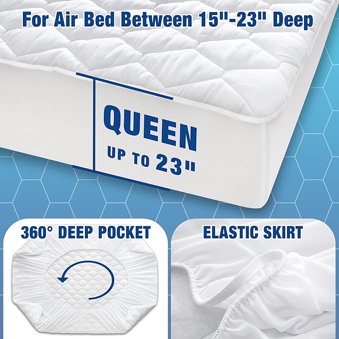Queen Size Air Mattress Pad, Breathable and Noiseless Air Bed Mattress Protector with Deep Pocket Fits Up to 15-23 Inches