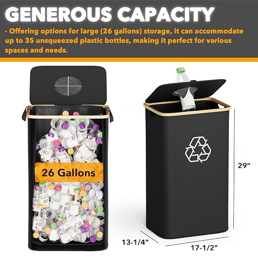 SpaceAid Recycling Bin for Kitchen 26 Gallon, 100L Recycle Bin with Lid and 2 Reusable Inner Bags, for Bottle Can Glass Plastic Stickers, Black - Image 4