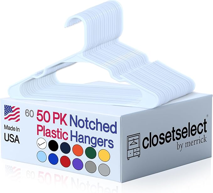 Plastic Hangers 50 Pack, Strong Space Saving Clothes Hanger, Made in USA, Perfect Shirt or Coat Plastic Hanger, with Shoulder Grooves, White, Notched by closetselect