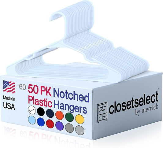 Plastic Hangers 50 Pack, Strong Space Saving Clothes Hanger, Made in USA, Perfect Shirt or Coat Plastic Hanger, with Shoulder Grooves, White, Notched by closetselect