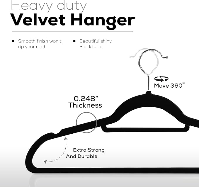 Utopia Home Premium Velvet Hangers 20 Pack - Non-Slip Clothes Hanger with Tie Bar - Black Hangers with 360 Degree Rotatable Hook - Heavy Duty Coat Hanger - Image 4
