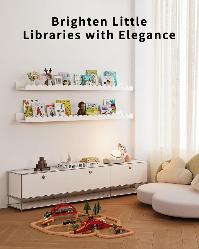 Shario Nursery Book Shelves, 4-Pack White Floating Shelves for Wall Kids, Scalloped Shelves, Wall Book Shelves for Bedroom Kids, Toddler Room, Baby Room, Nursery Decor (White, 36 Inches) - Image 4