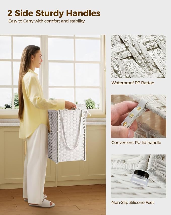 Greenstell Laundry Hamper with Wheels, No Install Needed, 110L Divided Handwoven Hampers & 2 Removable Liner Bags, Rattan Clothes Laundry Basket with Lid & Handles, Foldable Hampers White - Image 6