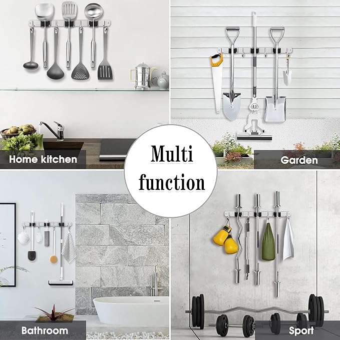 2 Pack 3 Racks and 4 Hooks Broom and Mop Holder Wall Mounted Garage Organizer Storage Tool Racks Stainless Steel Heavy Duty Hooks Self Adhesive Solid Non-slip Wall Hangers for Home Kitchen Garden - Image 7