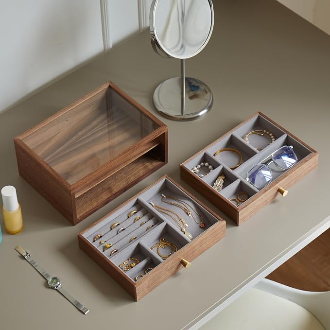 Black Walnut Jewelry Organizers and Storage,2 Layer Wooden Jewelry Boxes for Women,for Necklaces Ring Earring (2 Layer) - Image 8