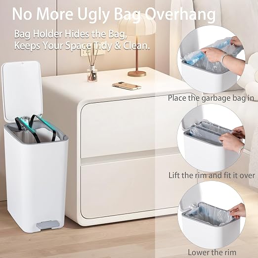 rejomiik Small Bathroom Trash Can with Lid, 3.2 Gallon Step Garbage Can with Handle, Slim Mini Wastebasket Bin for Bedroom, Office, Dorm, White - Image 5