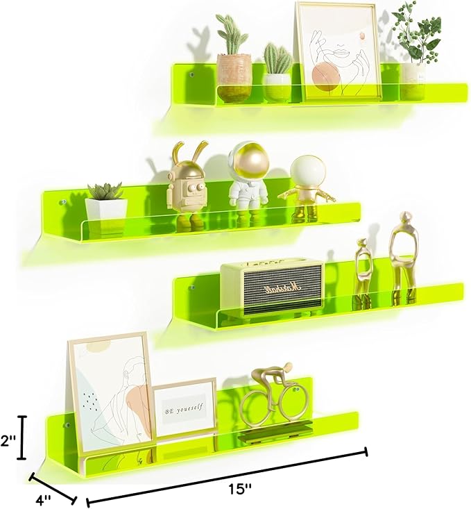 upsimples Acrylic Shelves for Wall Decor, 15" Display Shelf for Figure, Nail Polish, Wall Organizer for Bathroom, Bedroom, Living Room, Playroom, Kids Bookshelf, Clear Fluorescent Green, 4 Pack - Image 3