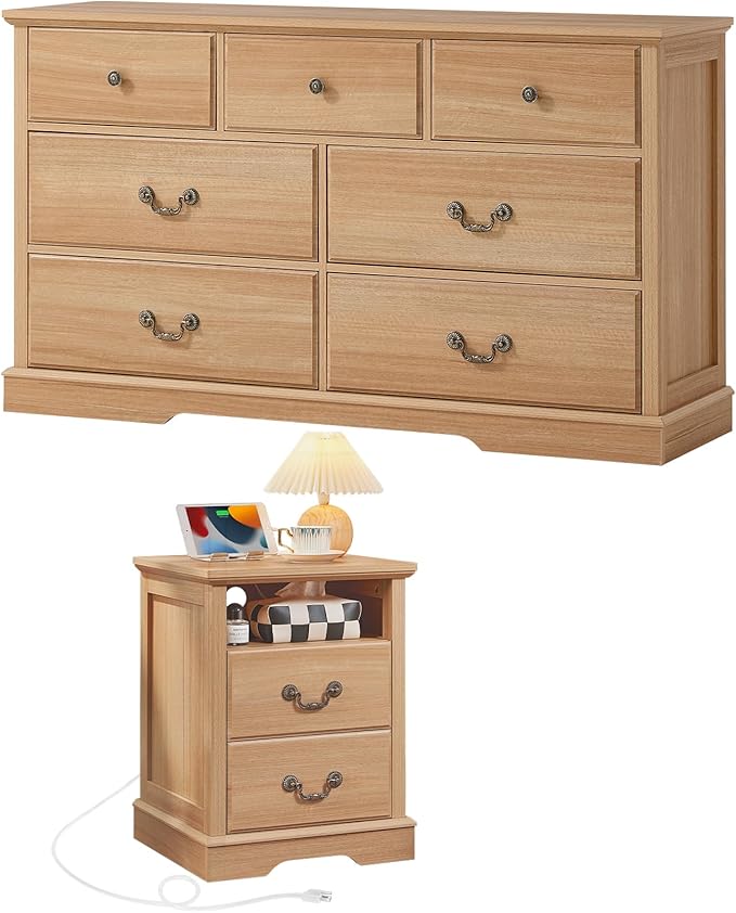 Farmhouse Dressers & Night Stand Set,54" Wide 7 Drawer Dresser 18" Wide 2 Drawers End Table with Charging Station,Furniture Dresser Sets for Home,Natural