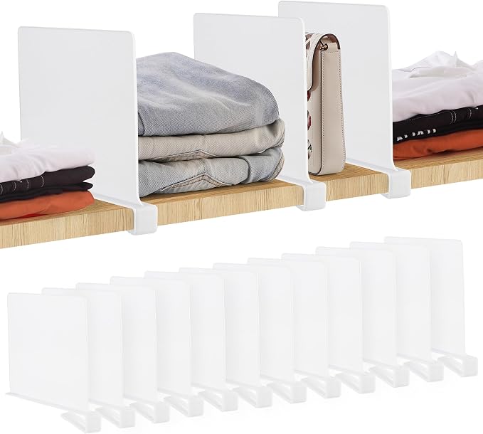 JOY DECOR 12 Pack Acrylic White Shelf Dividers for Closets Organizer and Storage Adjustable Vertical Wood Shelf Closet Separators for Clothes,Book,Bags in Bedroom and Kitchen by JOY+DECOR