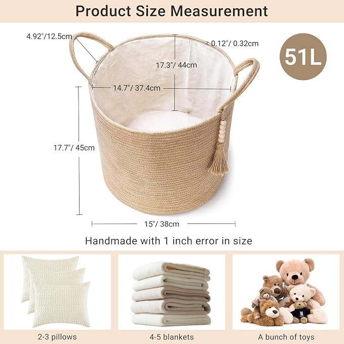 Mkono Tall Wicker Laundry Basket Woven Storage Basket Decorative Natural Rope Basket Wooden Bead Decoration for Blankets,Toys,Clothes,Shoes,Plant Organizer Bin with Handles Living Room 15"Wx17.7"L - Image 6