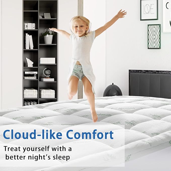 Mattress Topper Short Queen RV Size, Cooling Extra Thick Breathable Viscose Made from Bamboo Mattress pad, Soft Quilted Fitted Mattress Cover with 1000 GSM Down Alternative Fill (8-21”Deep Pocket)