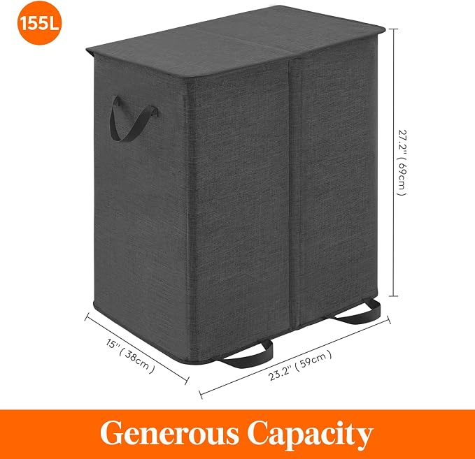 Lifewit Double Laundry Hamper with Lid and Removable Laundry Bags, Large Collapsible 2 Dividers Dirty Clothes Basket with Handles for Bedroom Laundry Room Closet Bathroom College, 155L Black - Image 5