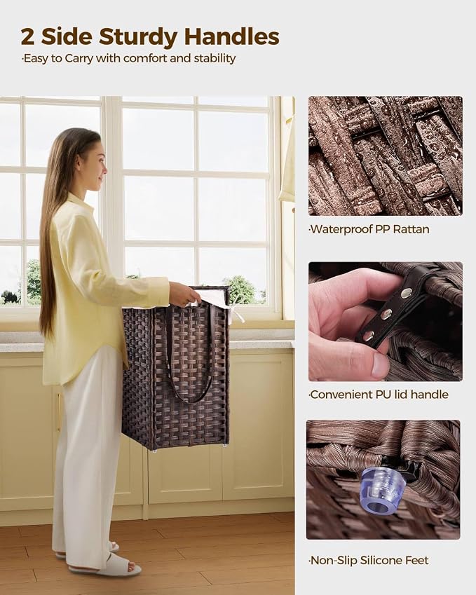 GREENSTELL Laundry Hamper with Wheels&Lid, 130L Large 3 Sections Clothes Hamper with 2 Types Removable Liner Bags, 5 Mesh Laundry Bags, Handwoven Divided Laundry Basket Brown - Image 6