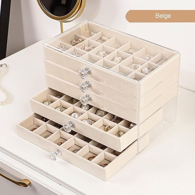 SPAKOWN Earring Box Holder Organizer Display Case, Clear Velvet Jewelry Storage Tray Organizer for Earring Ring Stud (Beige - 5 Drawers) - Image 4