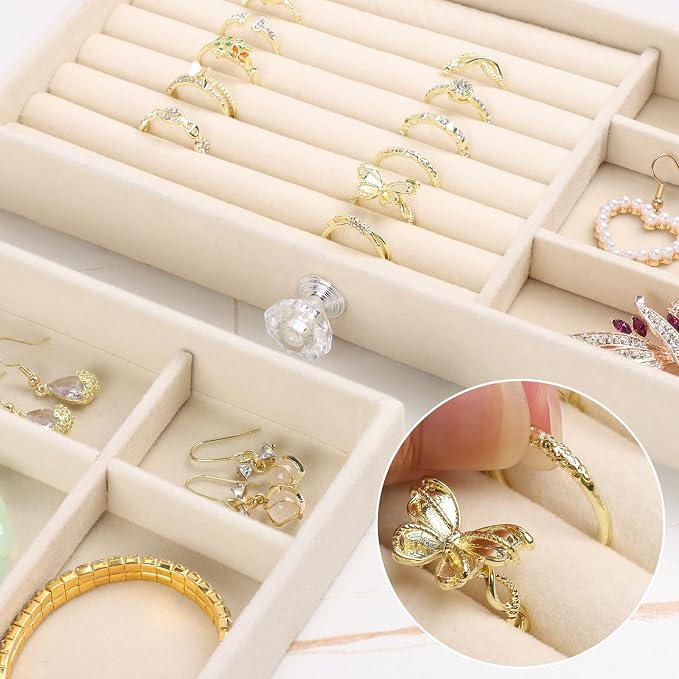 Hyber&Cara Luxury Acrylic Jewelry Box Organizer - 5 Drawers Velvet Lined Clear Stackable Storage for Earrings Necklaces Rings Bracelets Elegant Beige Dresser Top Vanity Display - Image 6