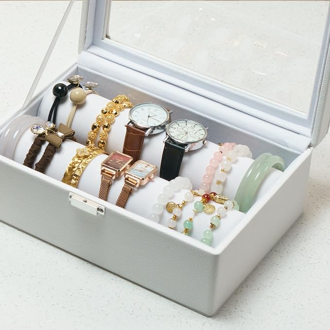 Bracelets Organizer Rods Bangles Display Holder, Clear See through Lid Leather Velvet Jewelry Storage Box Case for Women, 2 Rods White Leather - Image 9